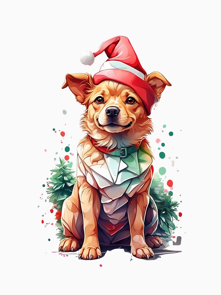 Christmas Dog wearing a Happy Face and Christmas Hat in a Burst of Christmas Color by thebesracompany