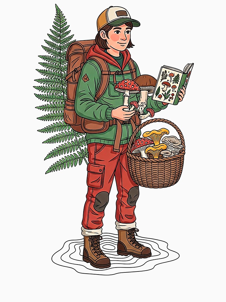 Vintage Mushroom Foraging Hiker Illustration by SholoStudio