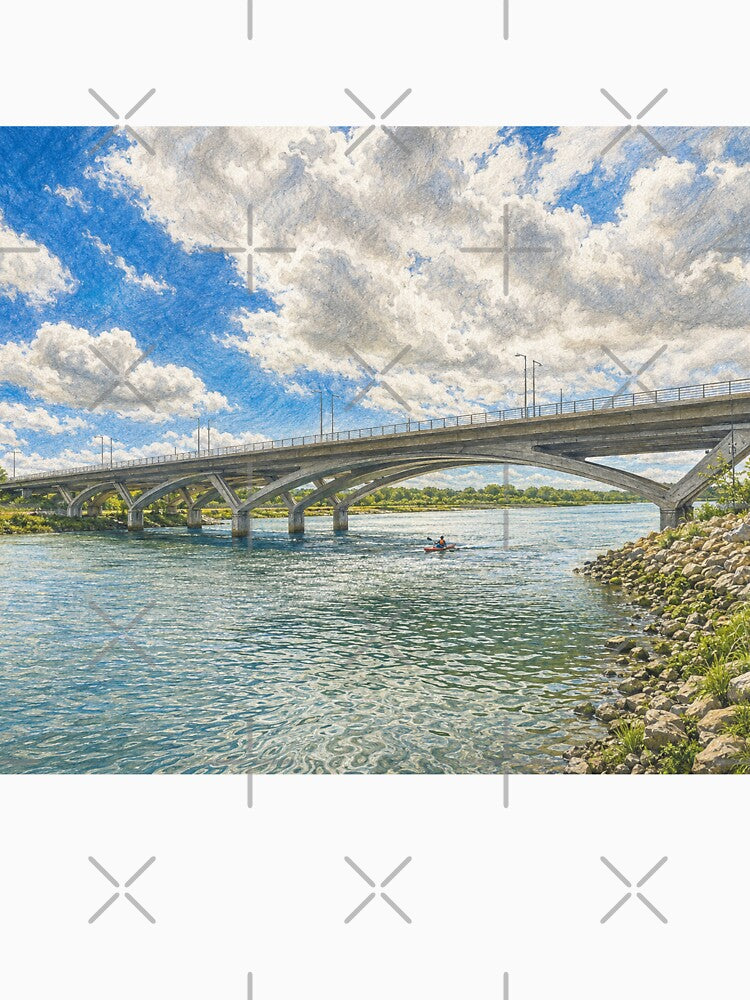 Kayaking Beneath the River Bridge – Scenic Illustration by wiwiart