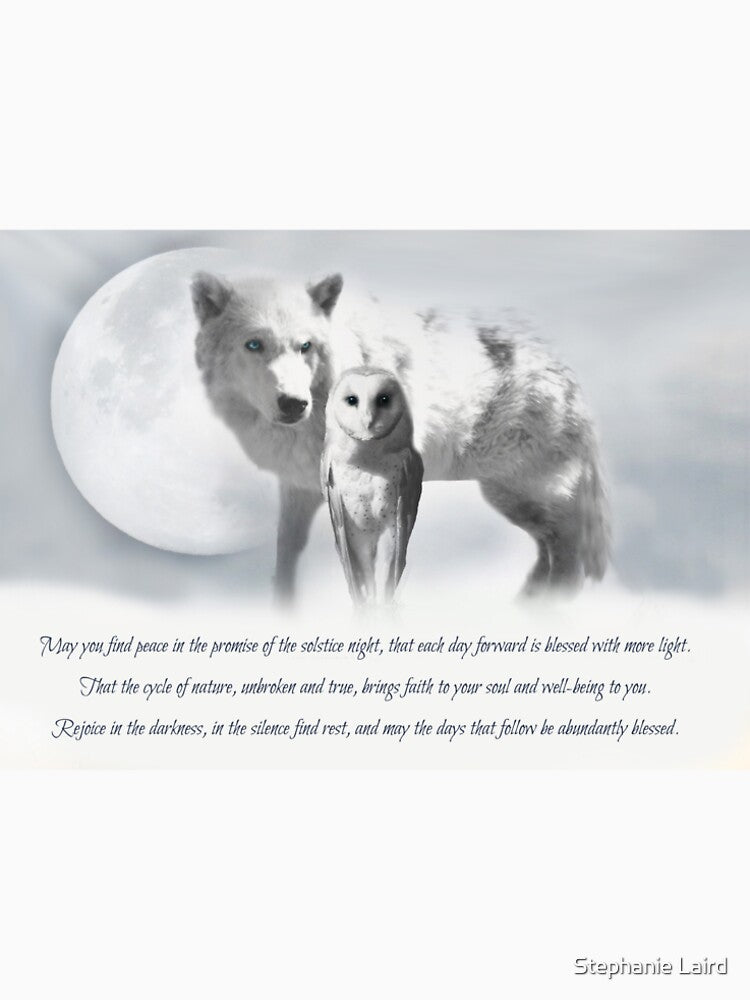 Wolf Owl and Full Moon Winter Solstice with Blessings Poem by Stephanie Laird