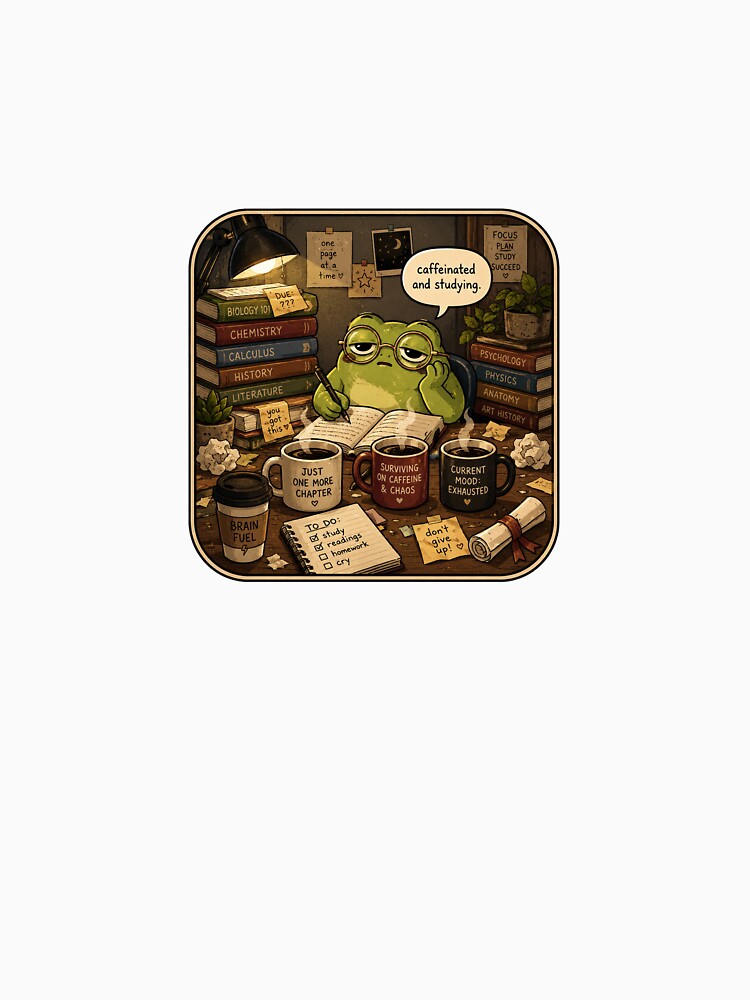 College Gift - Caffeinated Frog Studying by RedRubyBubble