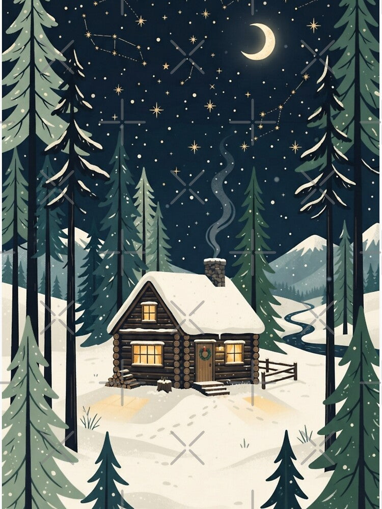 Cozy Winter Cabin in Snowy Pine Forest Scandinavian Hygge winter Art by KreatoLab