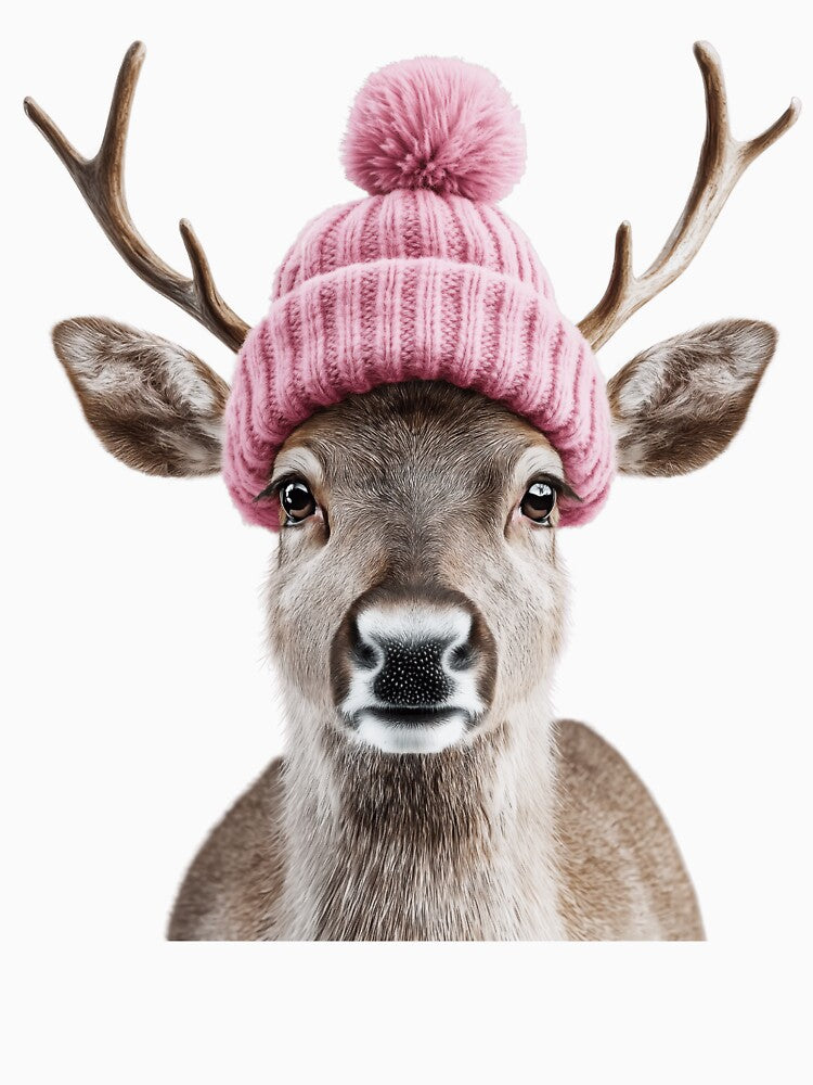 Cozy Reindeer Wearing Pink Winter Hat Trendy Animal Fashion Artwork by LazyOwlStore