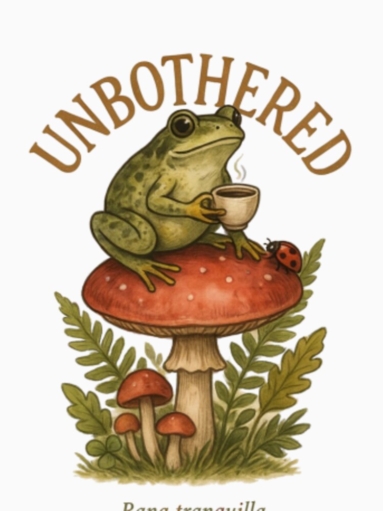 Unbothered Frog Drinking Coffee Vintage Cottagecore Botanical Illustration by Kreativio