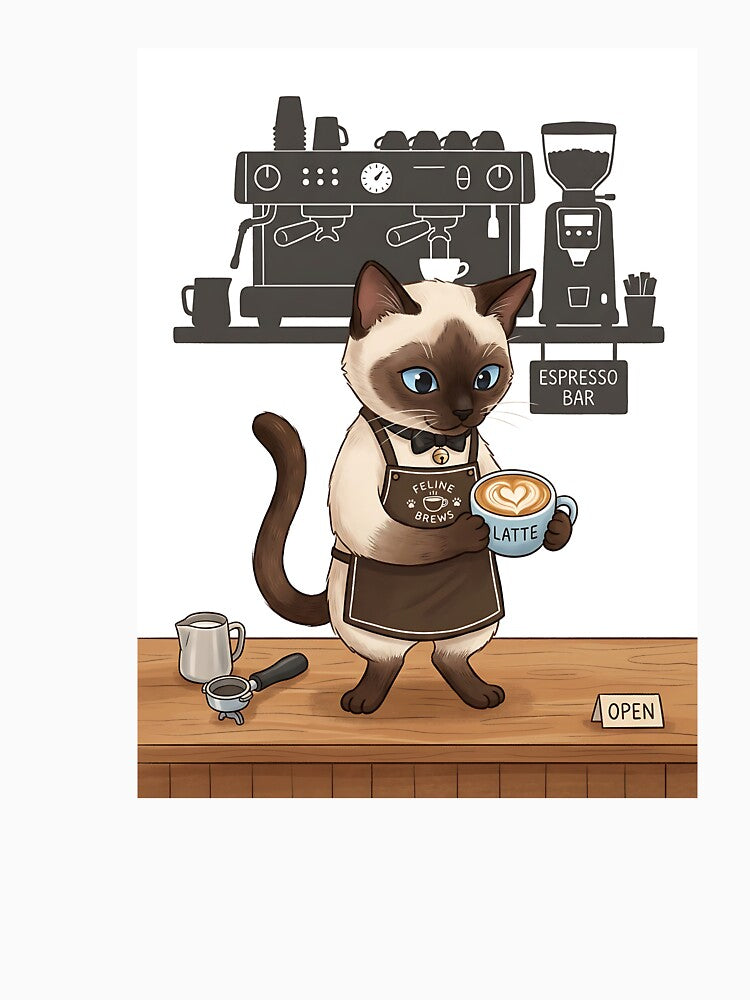 Siamese Cat Barista with Latte Art and Espresso Machine Illustration by PictoVibe