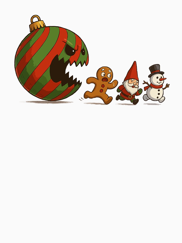 Christmas Chaos: Killer Ornament Chasing Gingerbread Man, Gnome & Snowman – Funny Holiday Horror Art by BrainBubbleArt