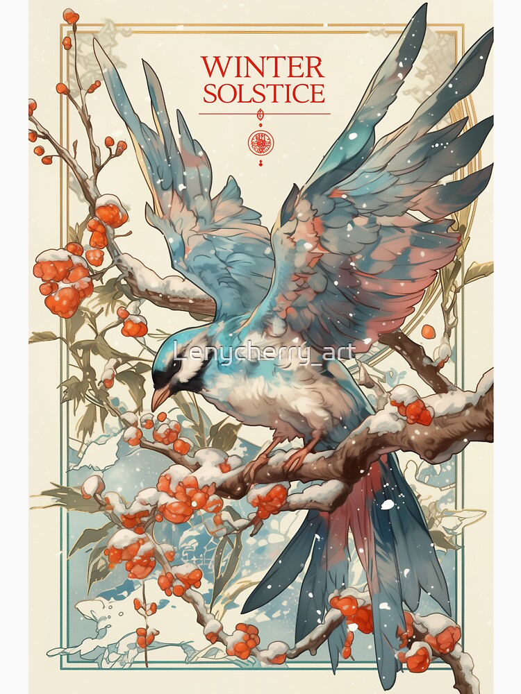 Winter Solstice blue bird on a snowy branch by Lenycherry_art