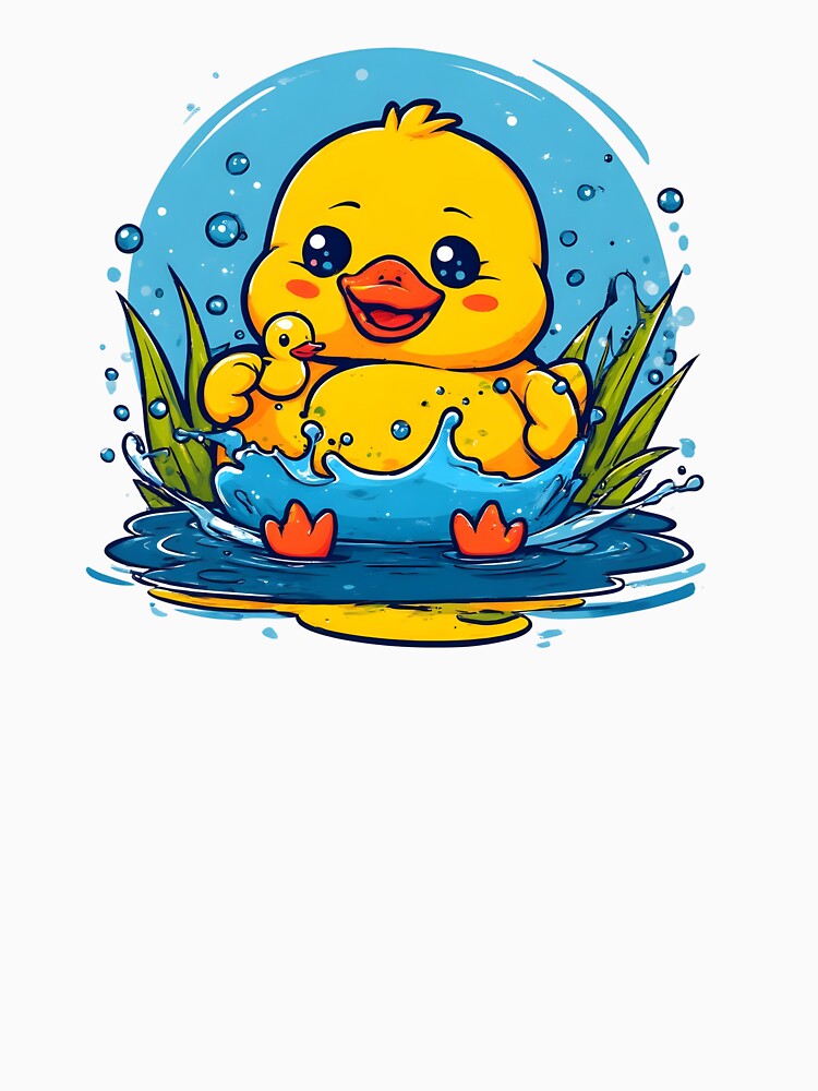 Cute Kawaii Duck Splashing with Rubber Duck Toy T-Shirt – Adorable Baby Duck Pond Design by Eytha