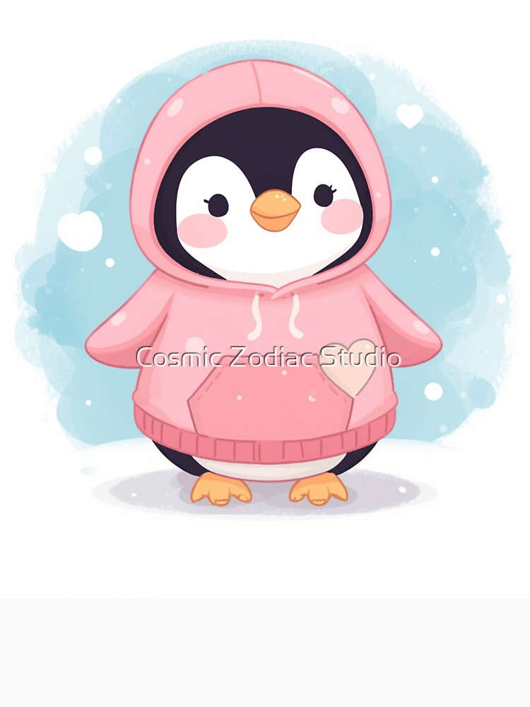 Cute Penguin Pink Hoodie Kawaii Winter Animal Watercolor Sticker Art Pastel by Cosmic Zodiac Studio