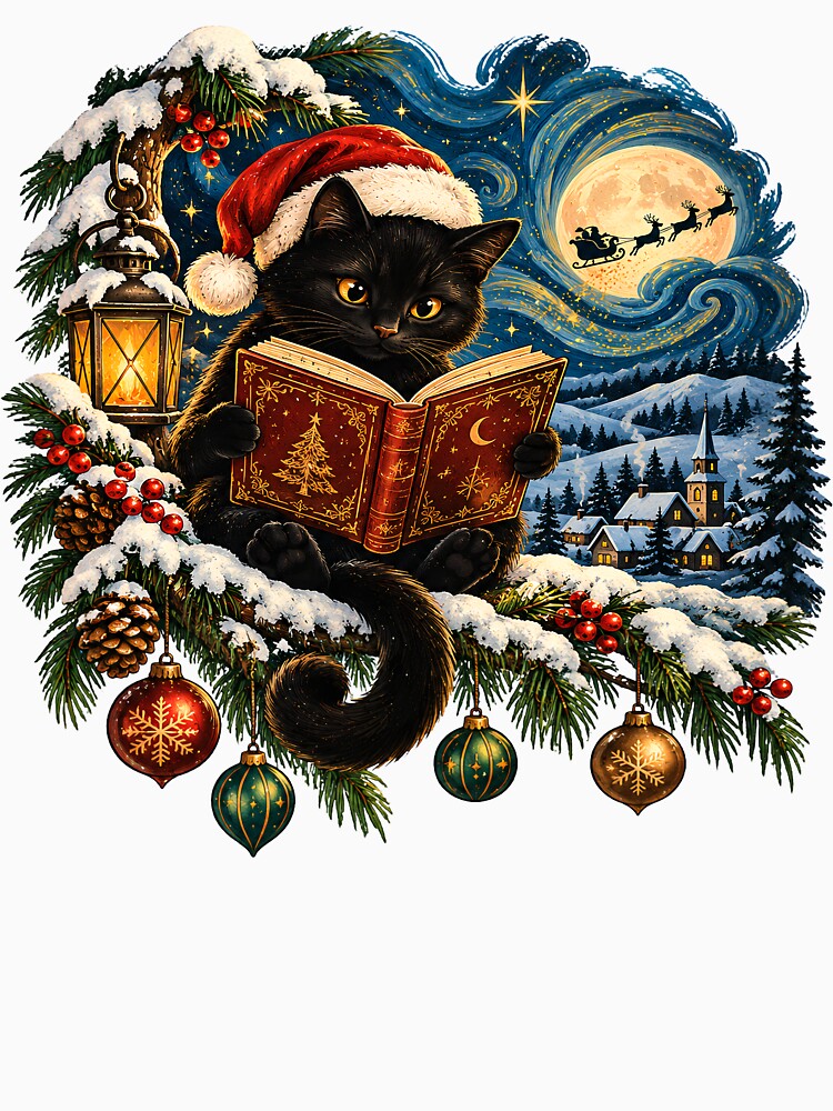 Black Cat Christmas Reading Book Starry Winter Night by OUICHA