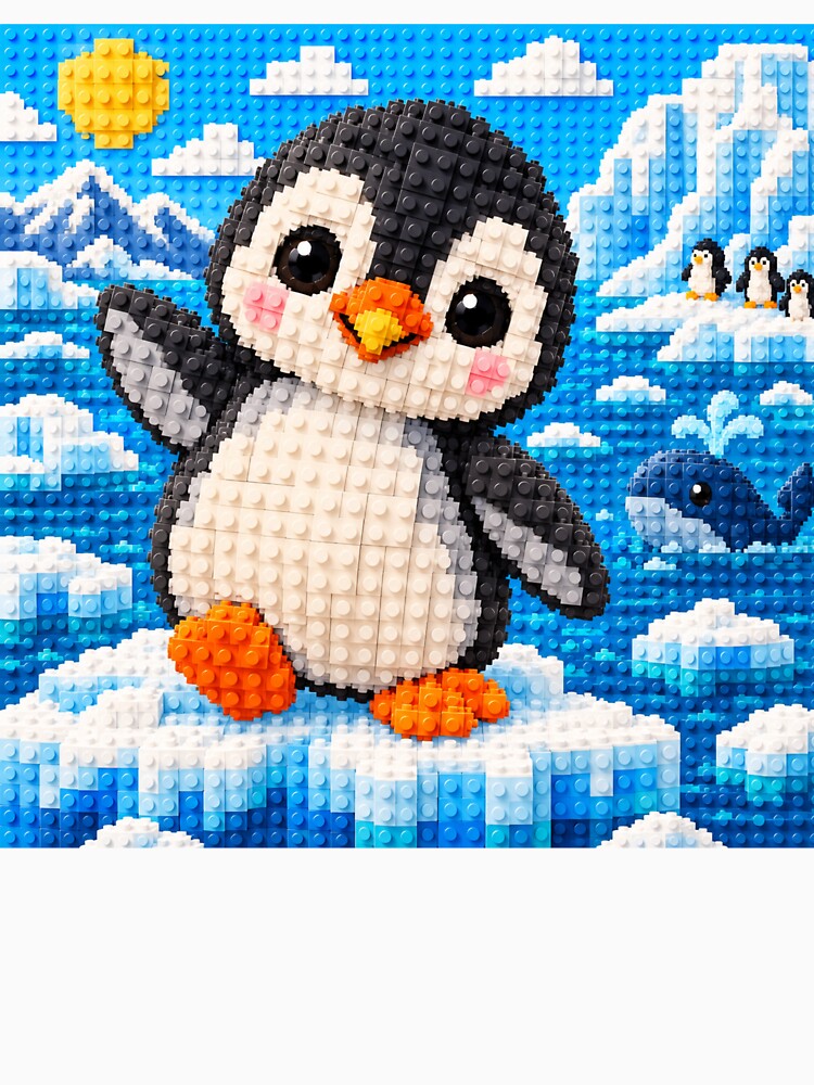 Little Penguin Adventure – Cute Polar Penguin Building Block Mosaic Art by WildWhimsy Art