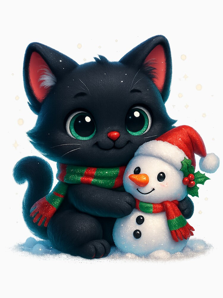Cat Cuddling Snowman | Kawaii Christmas Kitty and Snowman Friend | Cute Winter Cat by PrintCreations9