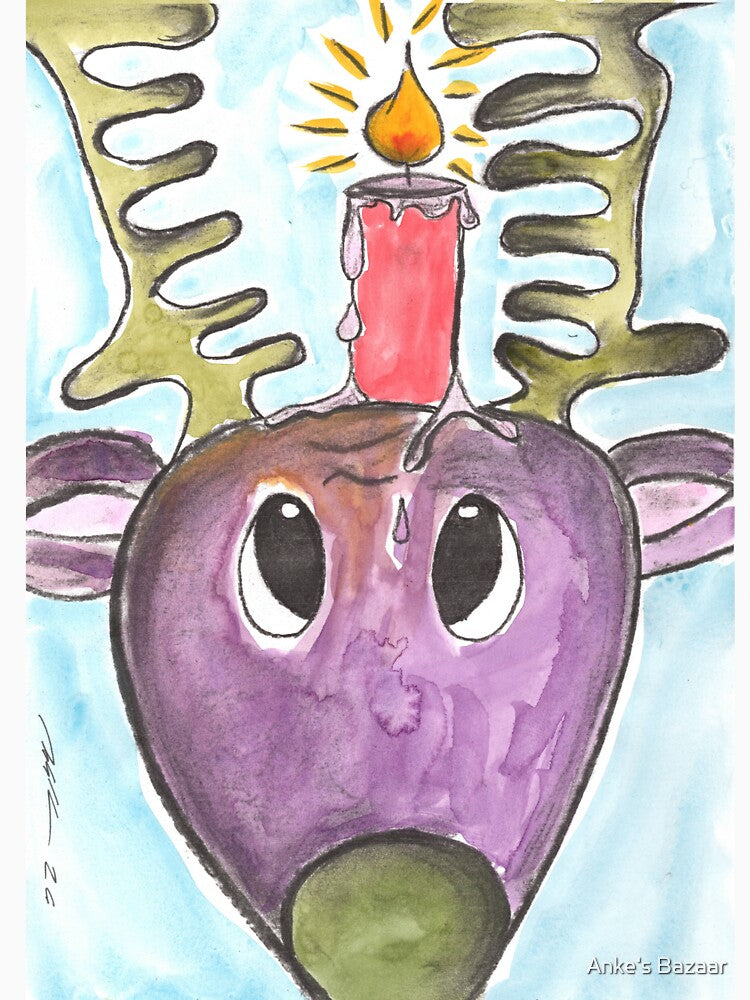 Reindeer Rudolph with Candle, Green Nose, Charcoal & Watercolour by Anke‘s Bazaar