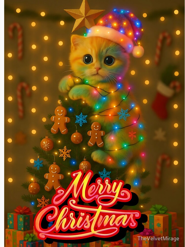 Christmas Kitten, Cute Cat in Christmas Tree with Lights – Merry Christmas by TheVelvetMirage