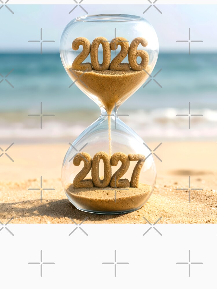 New Year 2027 Hourglass on Beach Sand by Maria Dryfhout
