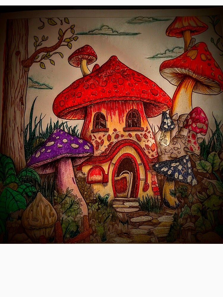 Whimical red toadstool home in magical woods by Wild Rose Colors