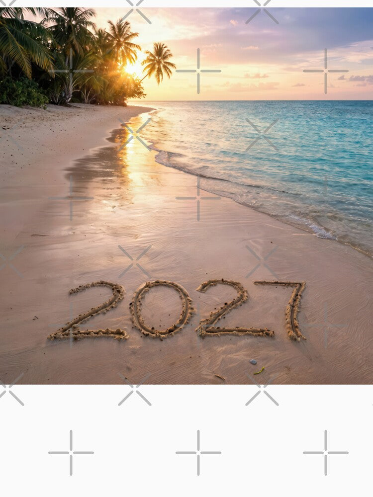 Tropical Beach with New Year 2027 in Sand by Maria Dryfhout