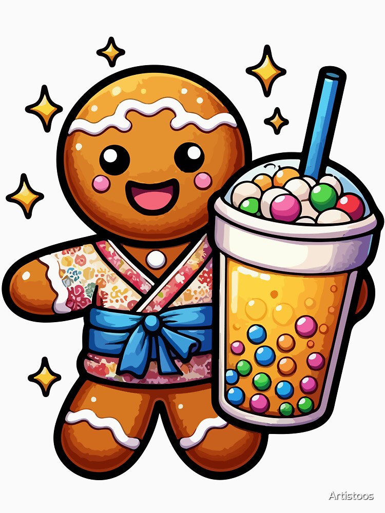 Gingerbread Man Drinking Bubble Tea Japanese Kimono by Artistoos