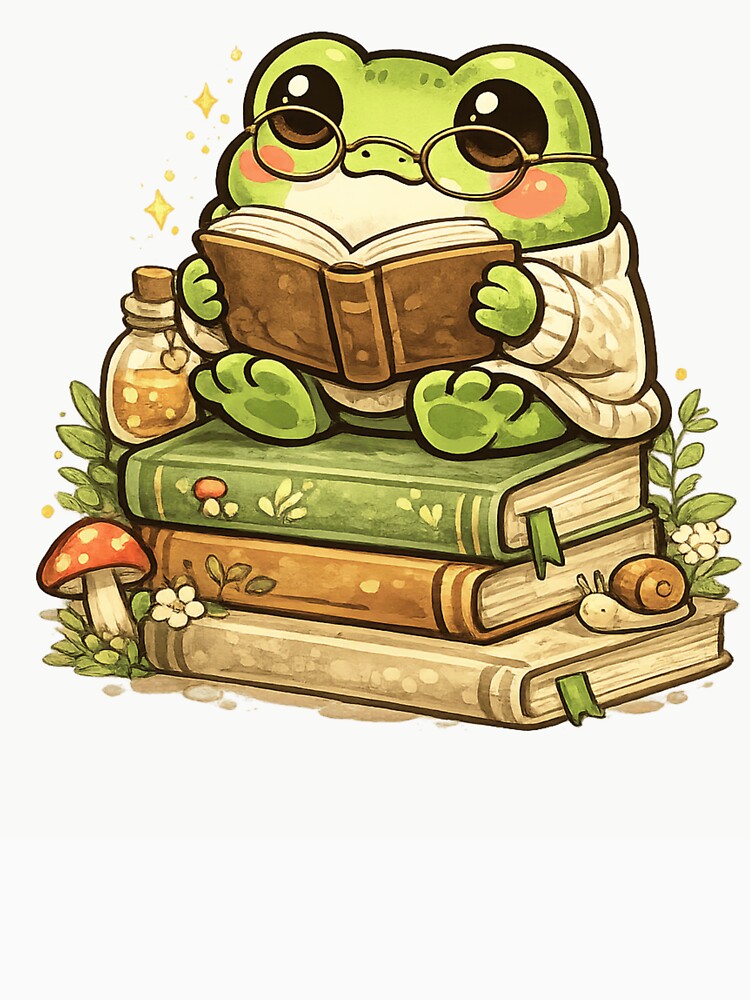 Cute Frog with Glasses Reading Book on Stack of Books – Whimsical Fantasy Book Lover Frog Sticker by Ortegan90