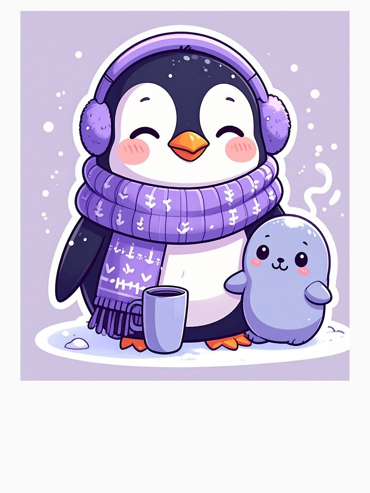 Cute Penguin With Hot Drink and Seal – Pastel Winter Aesthetic by CuteComfyClub