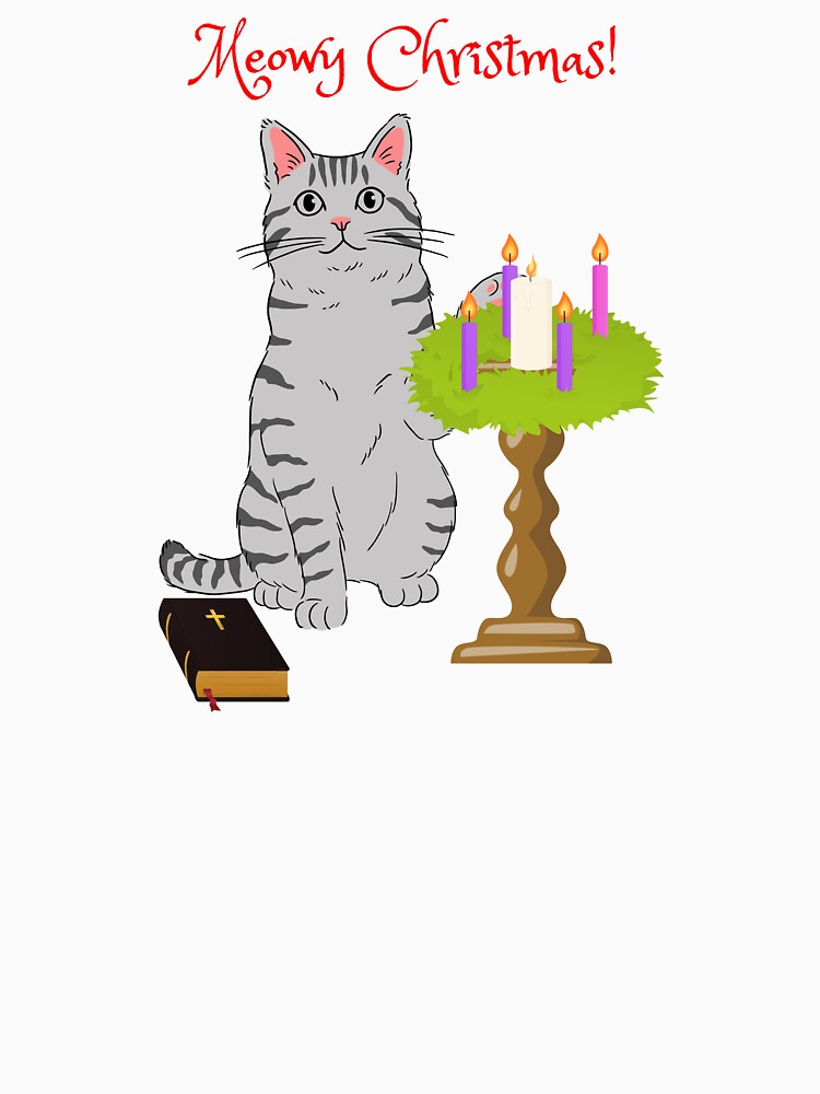 Meowy Christmas Gray Cat with Christian Advent Wreath by MYCatStuff