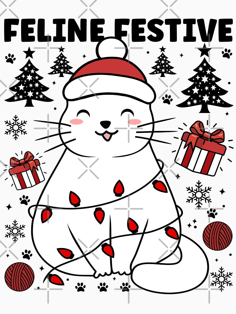 Feline Festive Happy Cat | Cute and Festive Christmas Cat Wearing Christmas Lights by PearlMoonGrapes