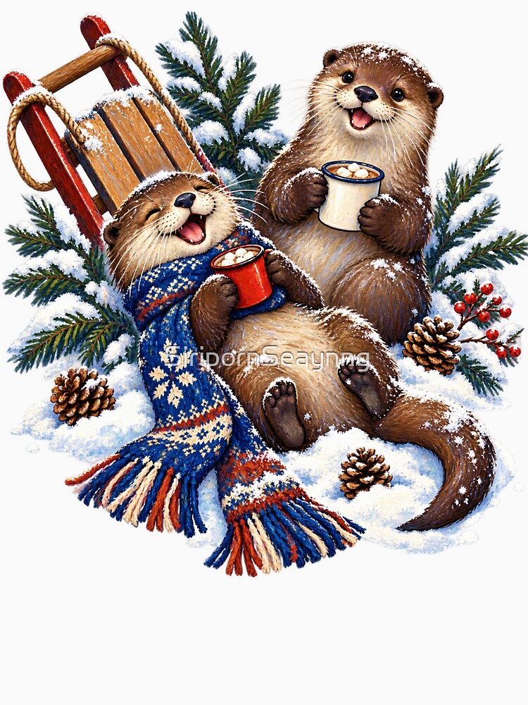 Otters Cocoa and Winter Sled Christmas by SiripornSeaynng