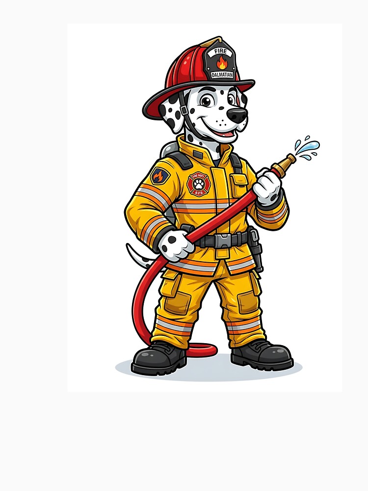 Dalmatian Firefighter in Yellow Gear with Red Helmet Cartoon by PictoVibe