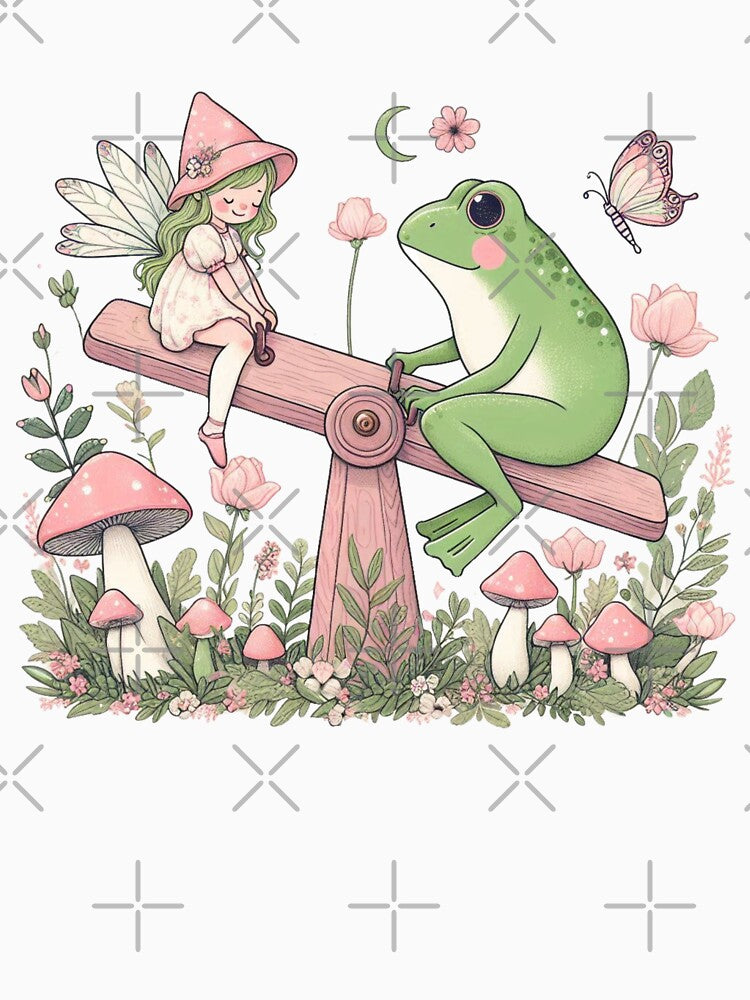 Cute frog with a green haired fairy playing seesaw, faiycore design by coloursforkids