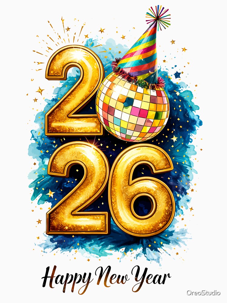 Happy New Year 2026 Gold Disco Ball T-Shirt | Premium Metallic 2026 Party Celebration Design by OreoStudio