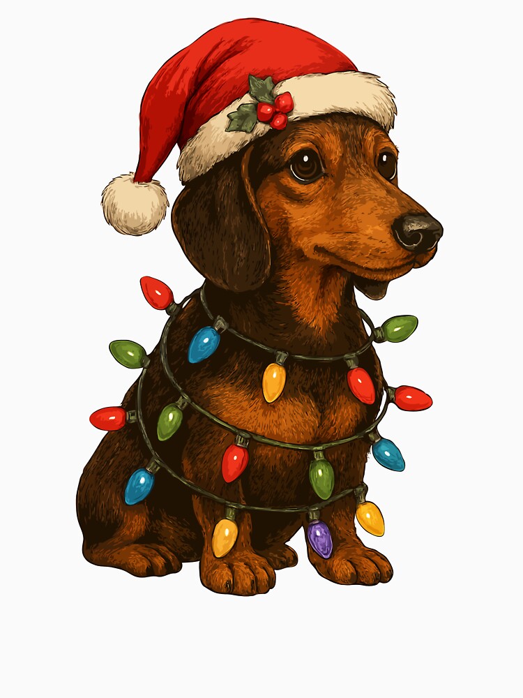 Cute Christmas Dachshund Illustration – Festive Wiener Dog in Santa Hat & Holiday Lights by BrainBubbleArt