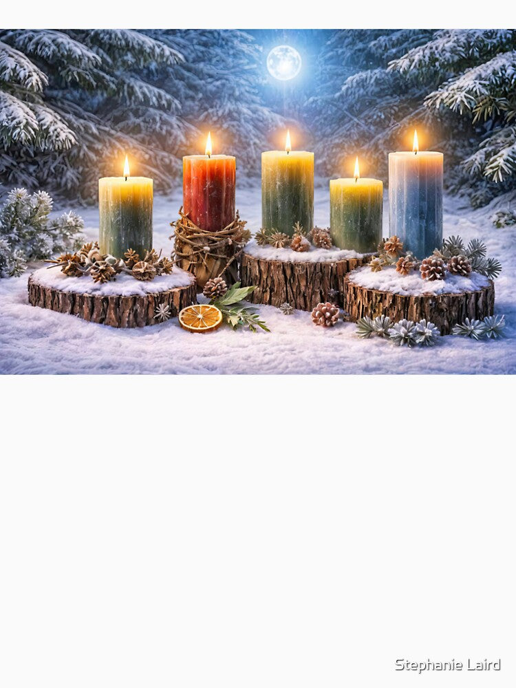 Colorful Candles in a Snow Winter Solstice Yule by Stephanie Laird
