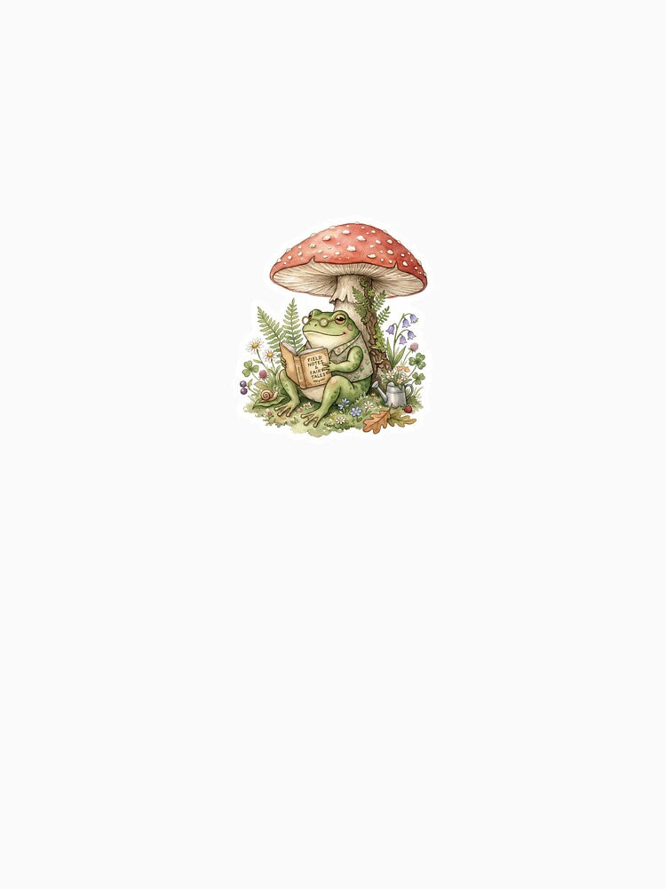Cute Cottagecore Frog Reading Under Mushroom Watercolor by hasanakgunn