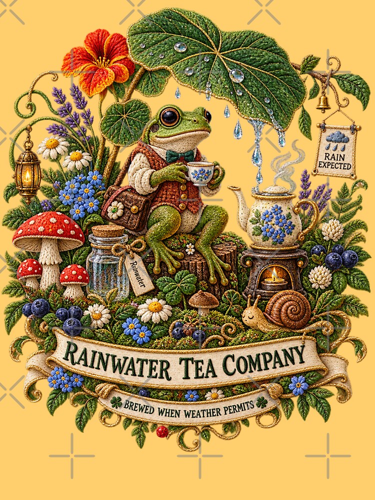 Frog Cottagecore Embroidery – Rainwater Tea Company Whimsical Woodland Art by Emoji Emblems