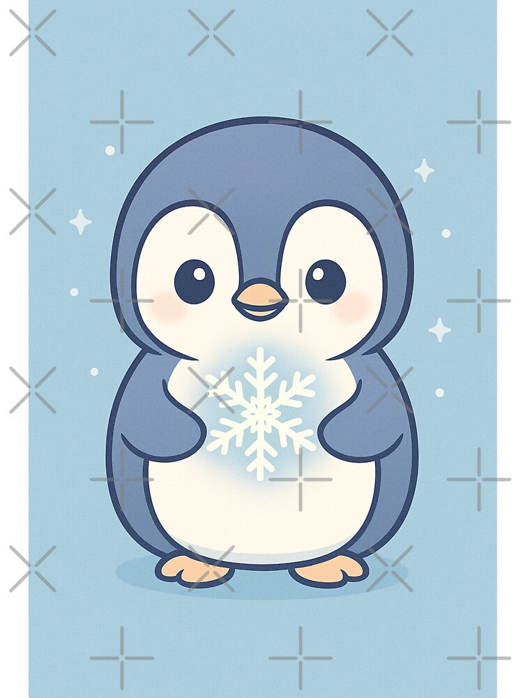 Kawaii Baby Penguin Holding a Glowing Snowflake – Pastel Blue Winter Illustration by Fernova