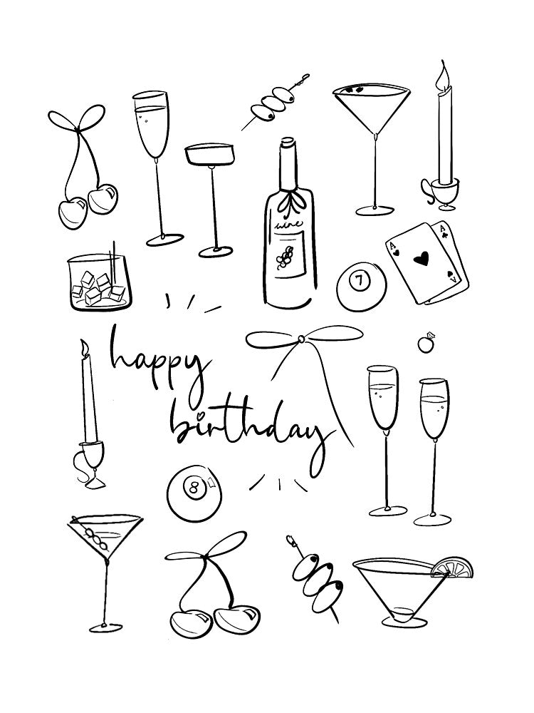 Happy Birthday Cheers- Cocktail Party Doodle Art by ellieseclecticdesigns