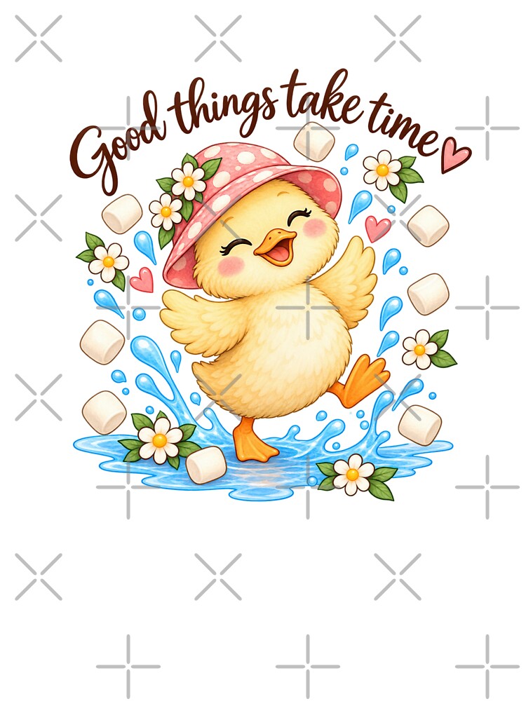Dancing Duck in Marshmallow Rain – Cute Kawaii Duck Watercolor by StickyDelights