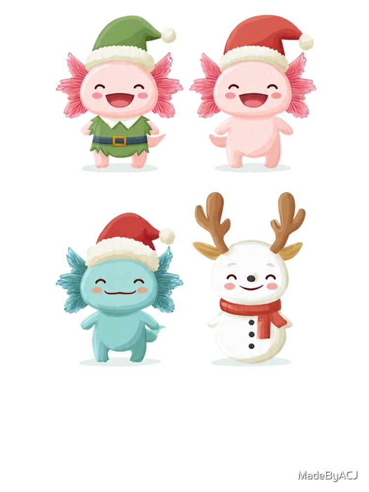 Christmas Axolotl Family – Kawaii Elf, Reindeer & Snowman Characters by MadeByACJ