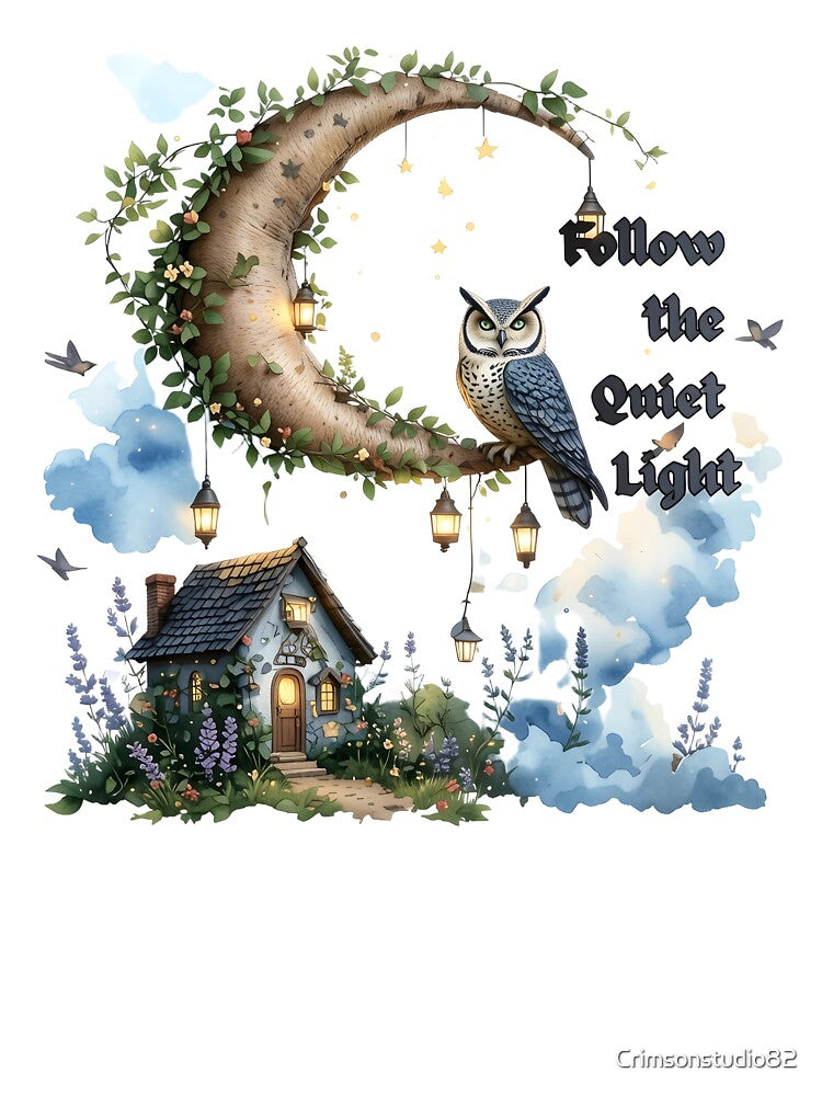 Moonlit Owl Cottagecore Watercolor | Celestial Woodland Wall Art by Crimsonstudio82