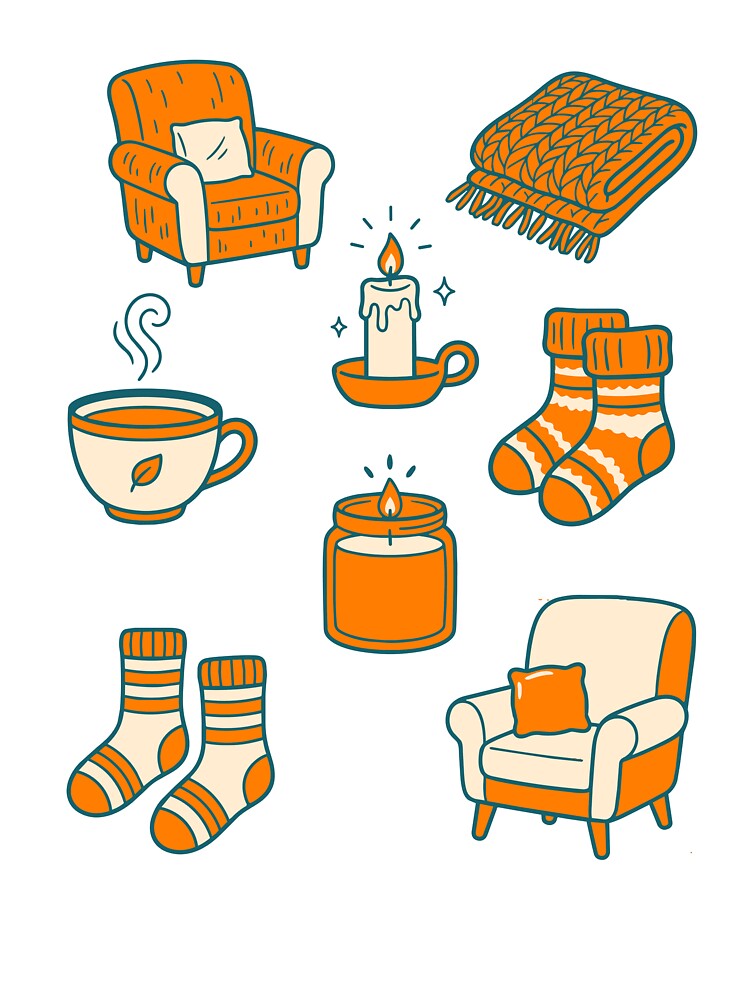 Hygge Autumn Home Decor Flat Vector Icon Set with Candle and Blanket by NUSA NIPA