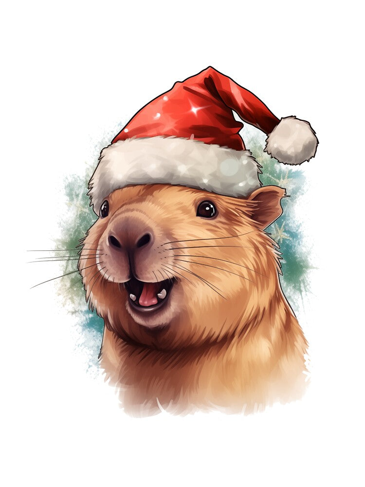 Happy smiling capybara in christmas cap by GoodThings66