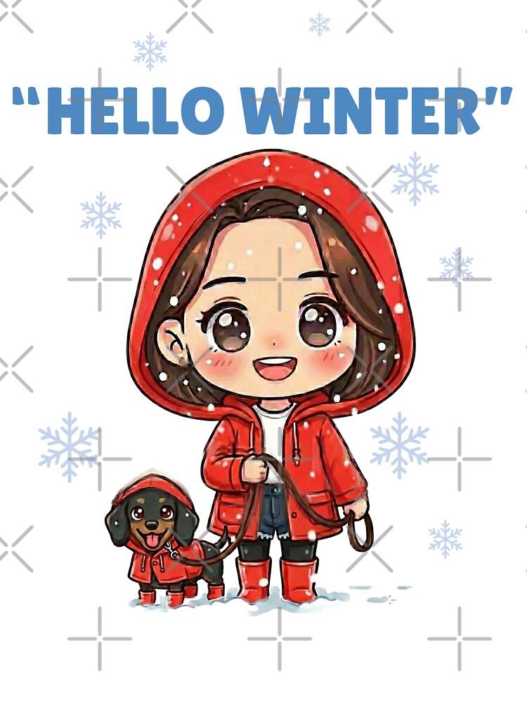 Hello Winter Cozy Girl Illustration – Cute Winter Walk with Dog | Girly Cozy Day Art by Beeform