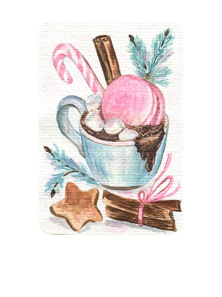 Vintage Christmas Card with Hot Chocolate and Pink Macaroon by Flowersforbear