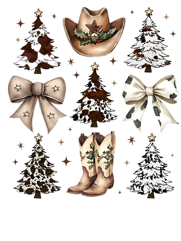 Western Christmas | Cow Print Christmas Trees and Cowboy Boots | Rustic Holiday Sublimation Design | Country Christmas Clipart by JosephRoldan