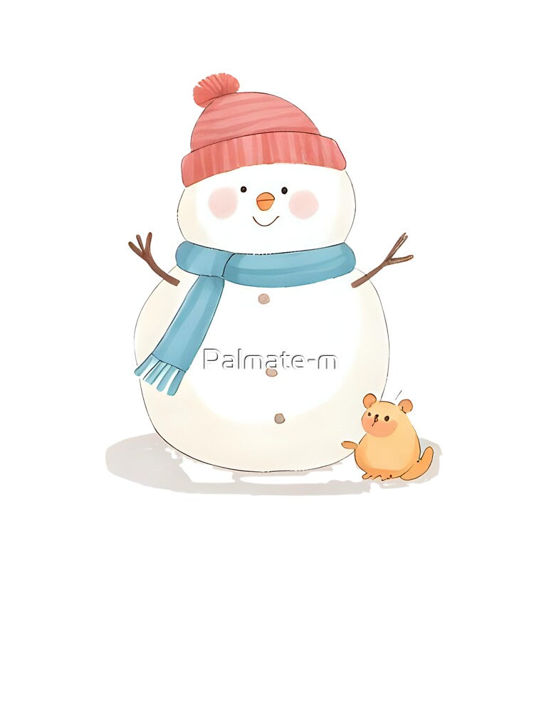 A friendly snowman with a tiny bird on its head and a mouse near its feet, warm smile, winter sticker design, soft pastel colors, white border, transparent background by Palmate-m