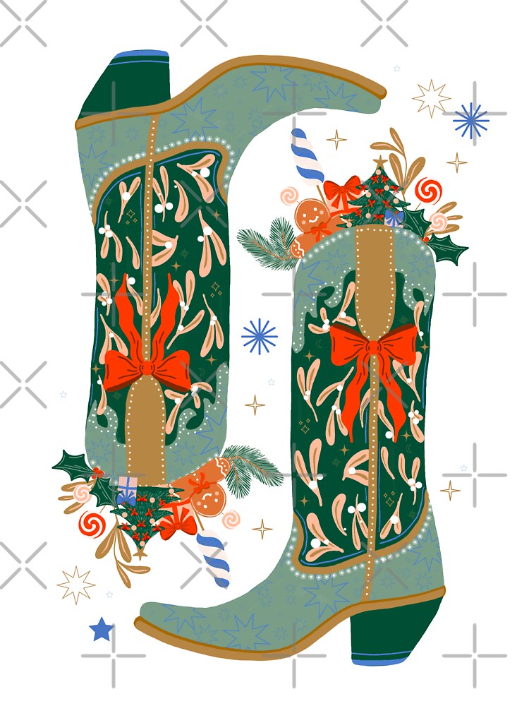 Festive Cowboy Boot Christmas Art – Whimsical Western Holiday Decor by AKart19
