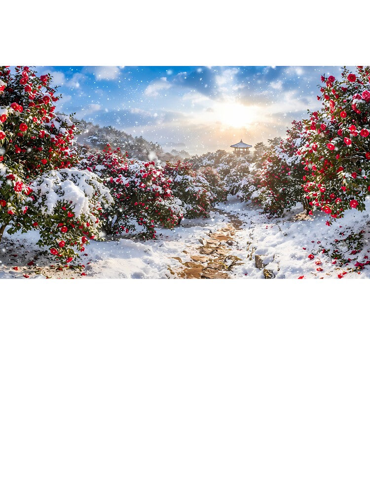 Winter’s Noble Bloom: Red Camellias Dancing in the Snow by SOOstudio73
