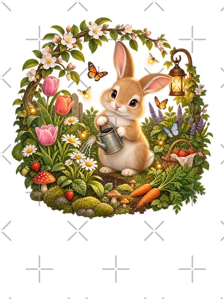 Cute Cottagecore Bunny Watering an Enchanted Garden by Claudia Ilie Art