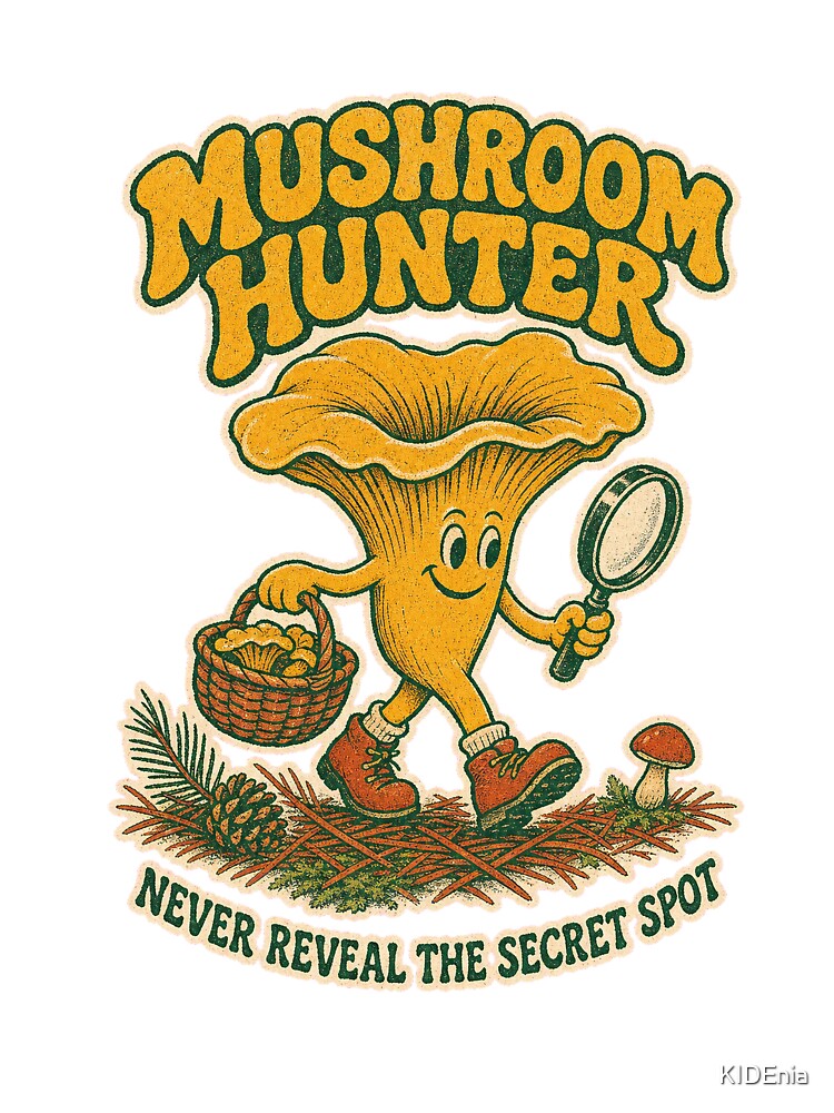 Mushroom Hunter Retro 1970s Risograph Forest Foraging T-Shirt Design by KIDEnia