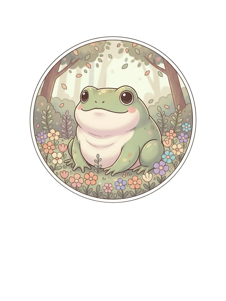 Cute Frog in Flower Garden – Cottagecore Aesthetic Pastel Animal Illustration by LavinyArt